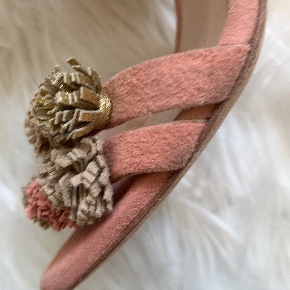 Loeffler Randal Layla Blush Pink Suede Block Heel Ankle Strap Pom Sandals Sz 6.5 - Picture 11 of 14